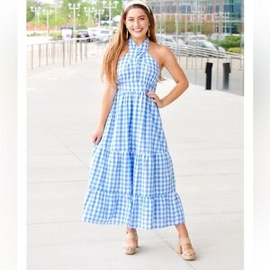 Entro Blue Checkered Halter Maxi Dress White Gingham M